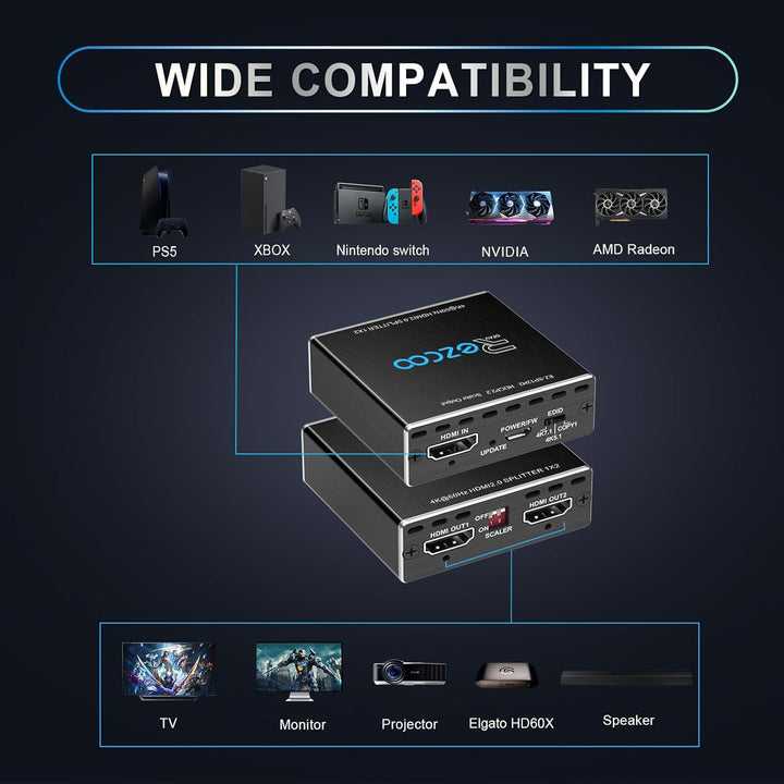 4K 60Hz HDMI Splitter 1x2 1080P 120Hz HDCP2.2 HDR 18Gbps UHD Dolby Vision Atmos EDID Scaler 4K 1080P