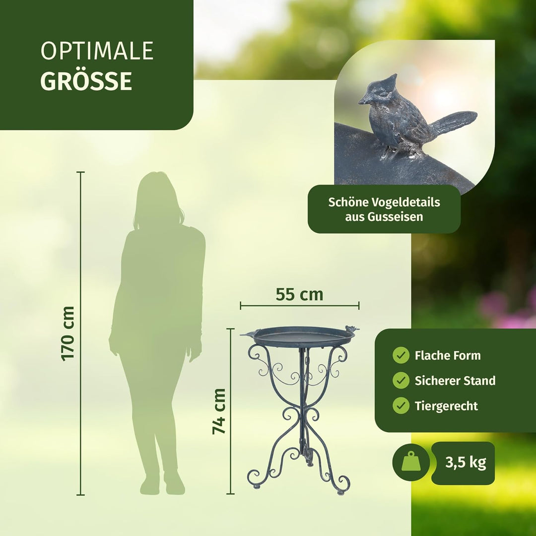 Moritz Vogeltränke Vogelbad blau mit DREI kleinen Vögeln auf der Wasserschale Höhe 74cm stehend Voge