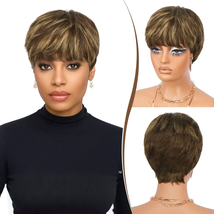 RUWISS Pixie Cut Perücke Echthaarperücken Echthaarperücke Natürliche Kurze Perücke Geschichtet Gewel