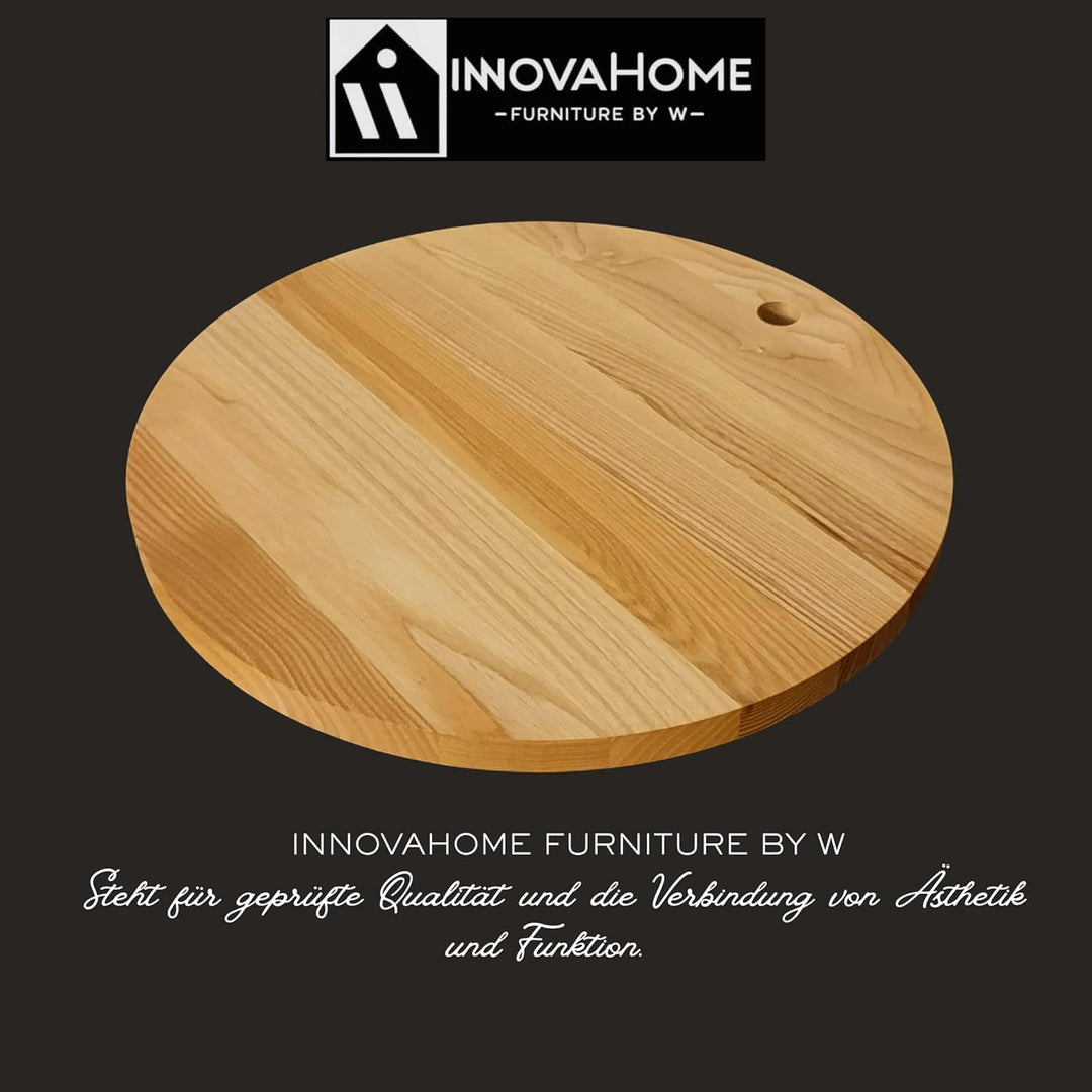 INNOVAHOME Pizzabrett 35cm Holz Rund - Massives Servierbrett Esche Geölt - Pizzateller & Käsebrett -