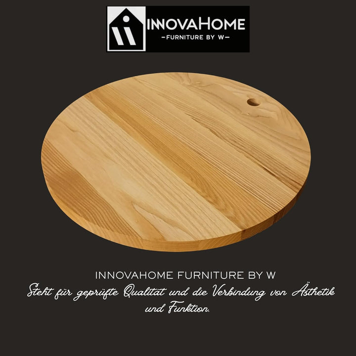 INNOVAHOME Pizzabrett 35cm Holz Rund - Massives Servierbrett Esche Geölt - Pizzateller & Käsebrett -