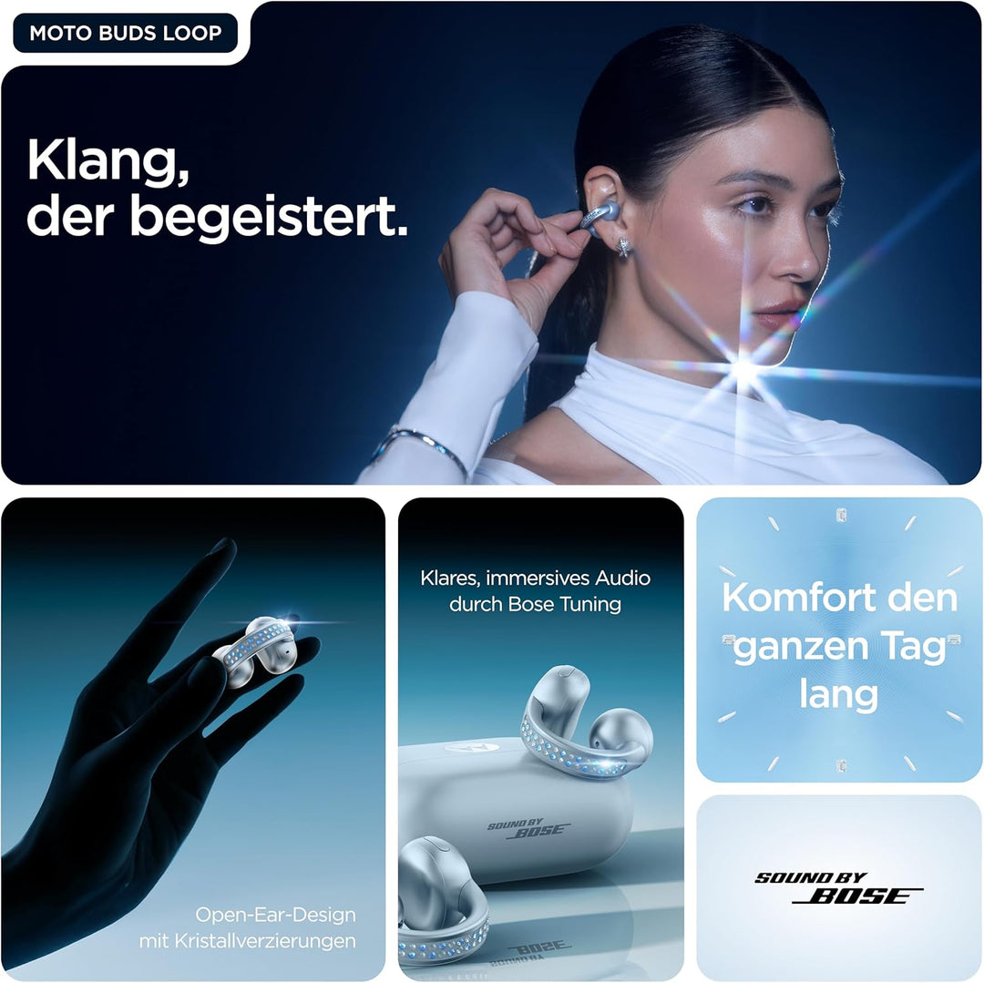 Motorola Moto Buds Loop Feat. Sound by Bose (Open-Ear-Earbuds, BT 5.4, kristallklarer Sound, Geräusc