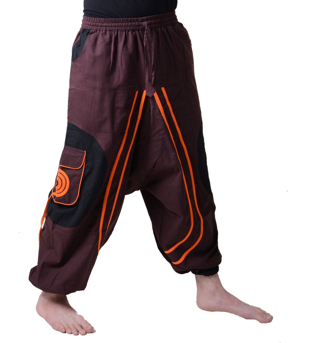 KUNST UND MAGIE Herren Hippie Haremshose mit Goa Spiral Muster S-M Braun / Orange, S-M Braun / Orang