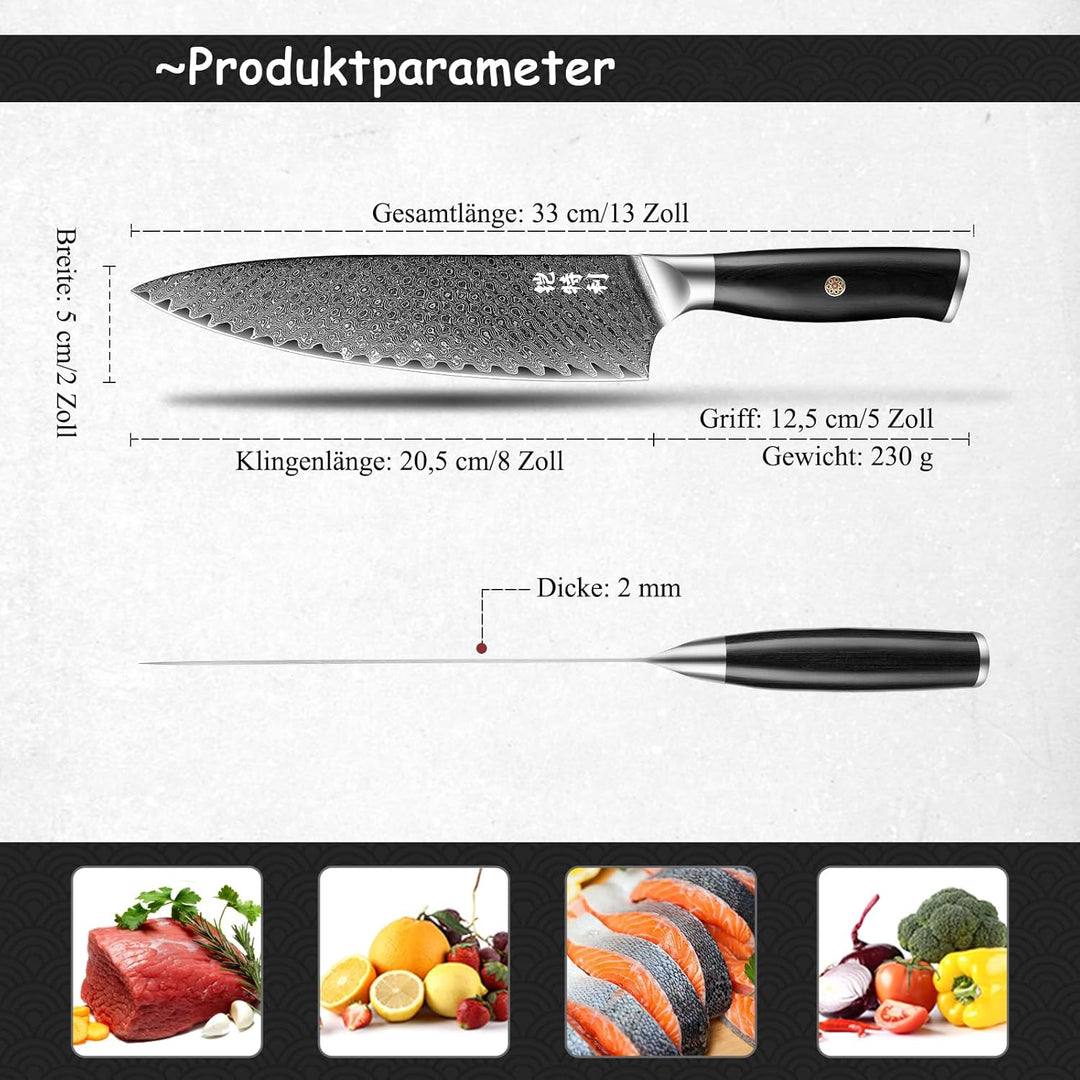 Kitory Damastmesser 20cm Pro Kochmesser 73 Schichten Damaststahl Klinge 10Cr15CoMoV Stahl Küchenmess