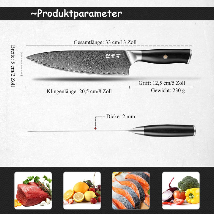 Kitory Damastmesser 20cm Pro Kochmesser 73 Schichten Damaststahl Klinge 10Cr15CoMoV Stahl Küchenmess
