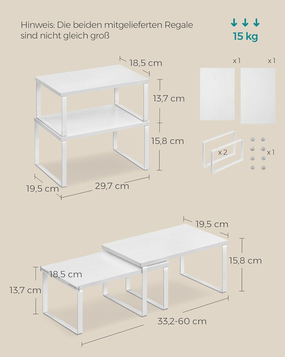 SONGMICS Gewürzregal, 4er Set, Küchenregal, Küchen-Organizer, erweiterbar, Gewürzhalter, stapelbar,