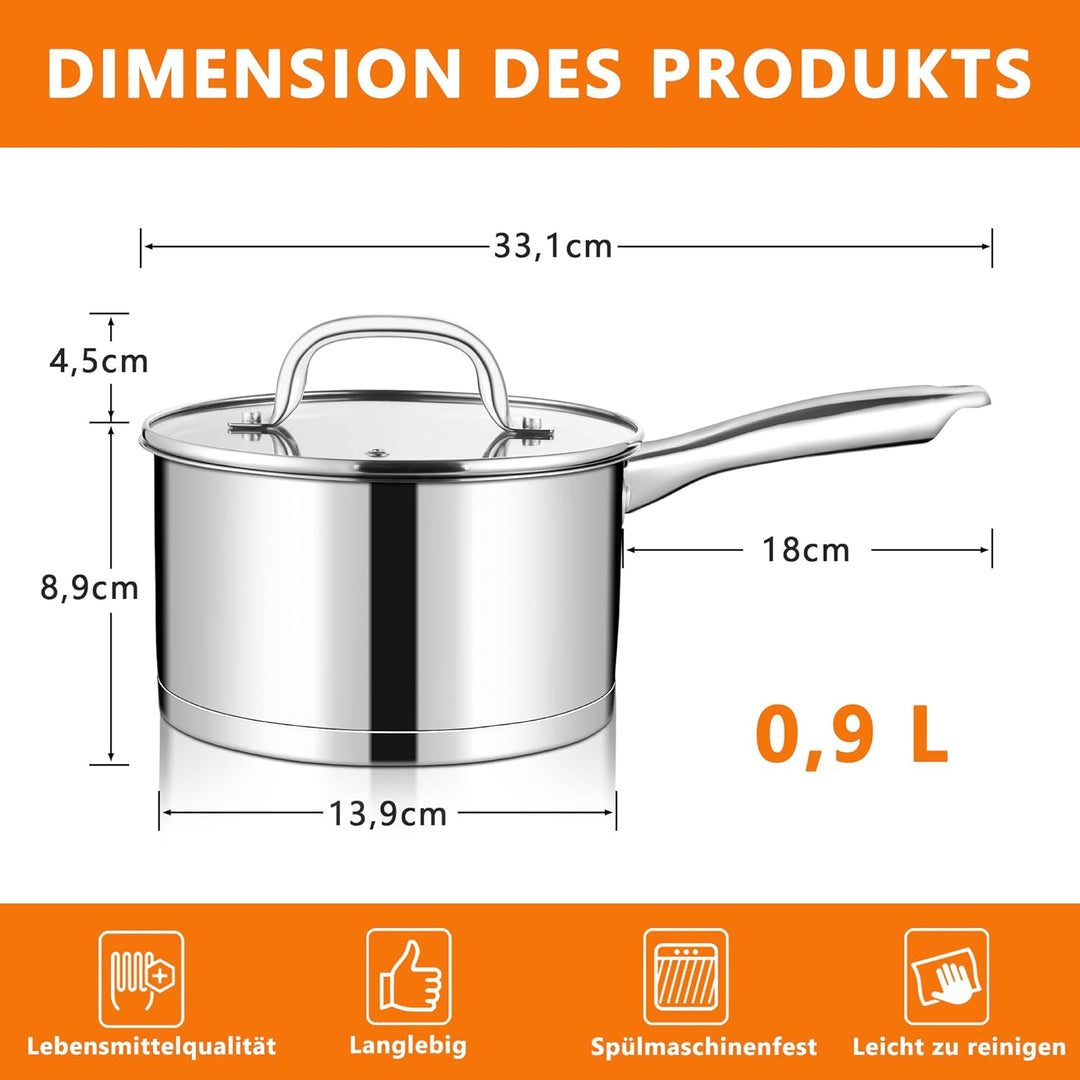 TEAMFAR Stielkasserolle, 14cm klein Edelstahl Milchtopf Topf Induktion mit Glasdeckel, 3-Lagen Boden