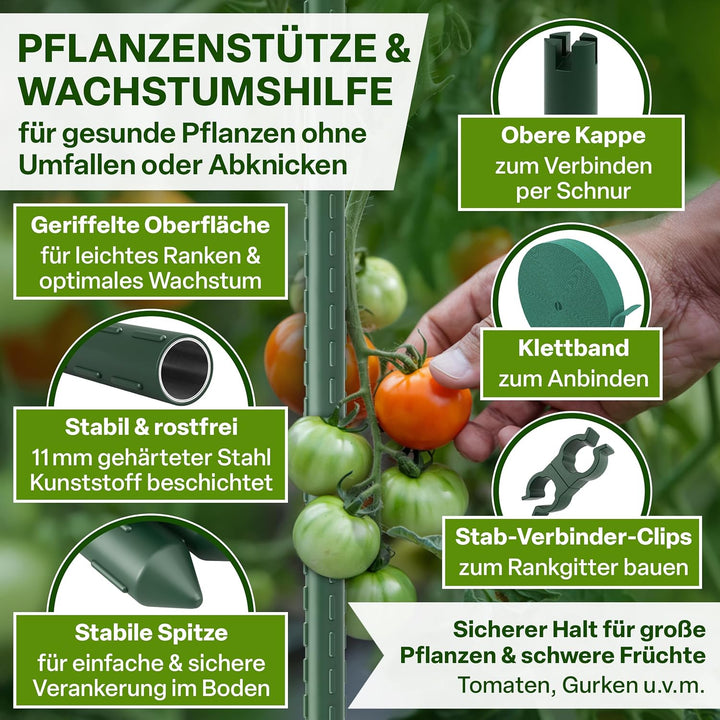 TTL GARDEN Rankstäbe 20er Set 150 cm x 11mm Ø grün + Klettband &amp; Clips | - Rankhilfe Pflanzstäbe Sta