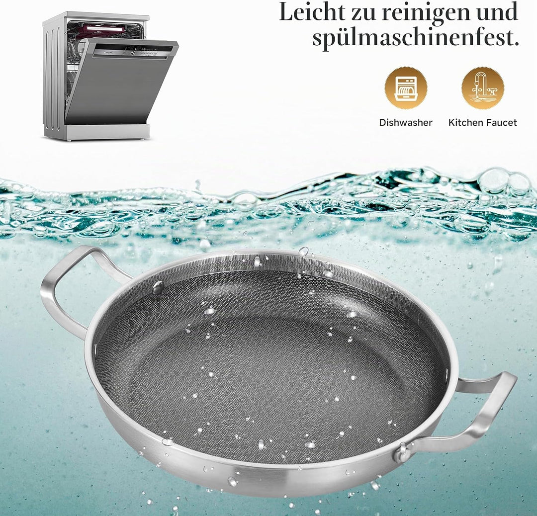 Inqibee dreischichtige Edelstahl-Paellapfanne 32 cm mit Deckel – Antihaft | 280°C Hitzebest | PFOA-f