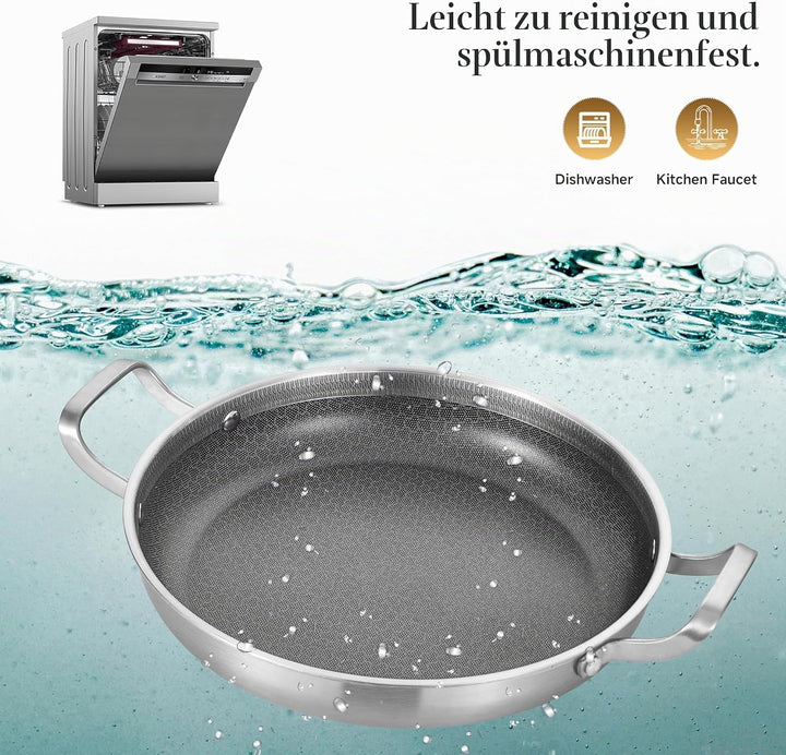 Inqibee dreischichtige Edelstahl-Paellapfanne 32 cm mit Deckel – Antihaft | 280°C Hitzebest | PFOA-f