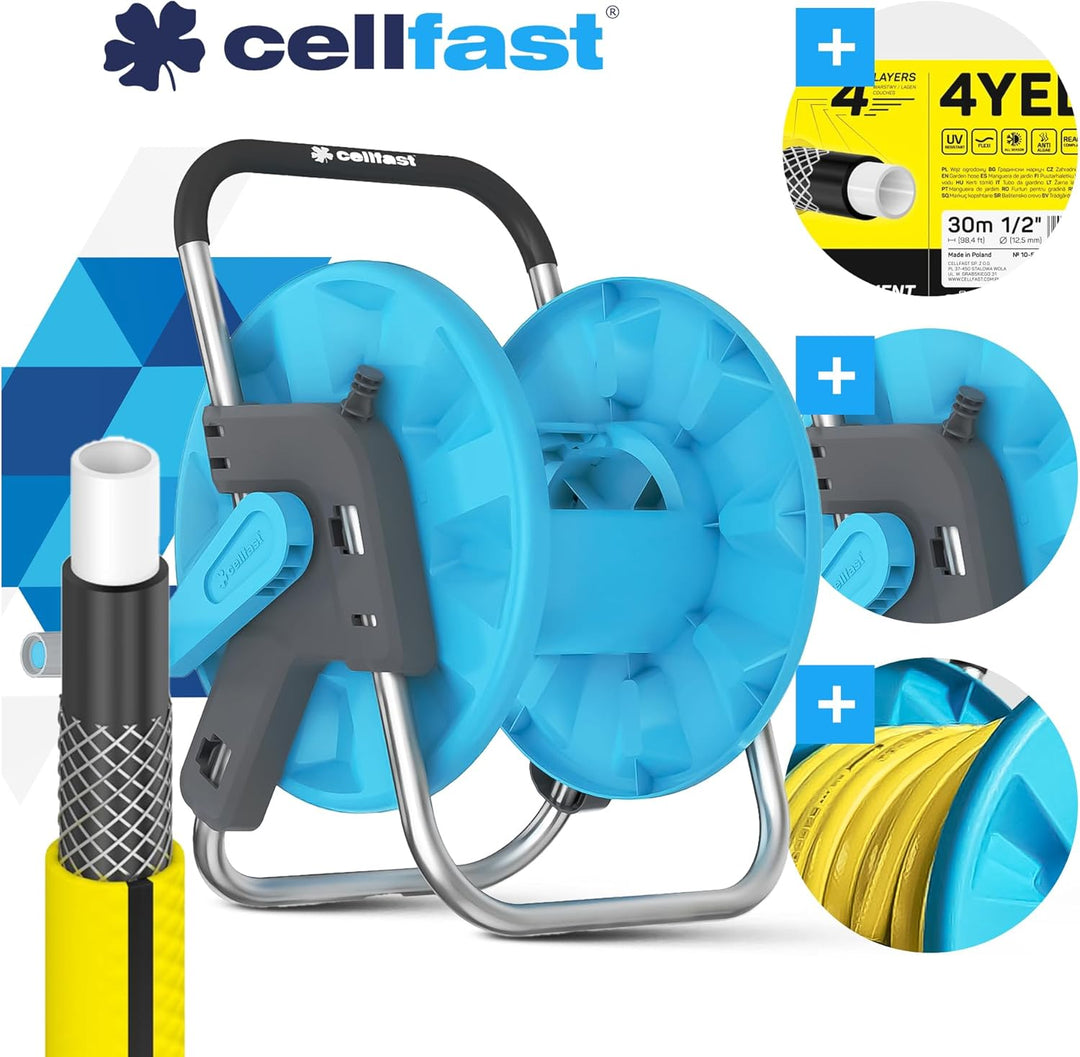 GARTENSCHLAUCH SCHLAUCHTROMMEL 1/2" 30M MIT GARTENBRAUSE & KUPPLUNG ANSCHLUSS SET CELLFAST 4YELLOW T