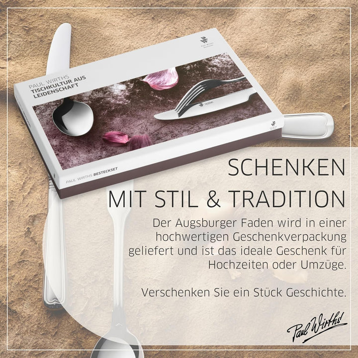 PW Paul Wirths AUGSBURGER FADEN 9800 Besteck Set für 6 Personen, Essbesteck 30 teilig, Edelstahl pol