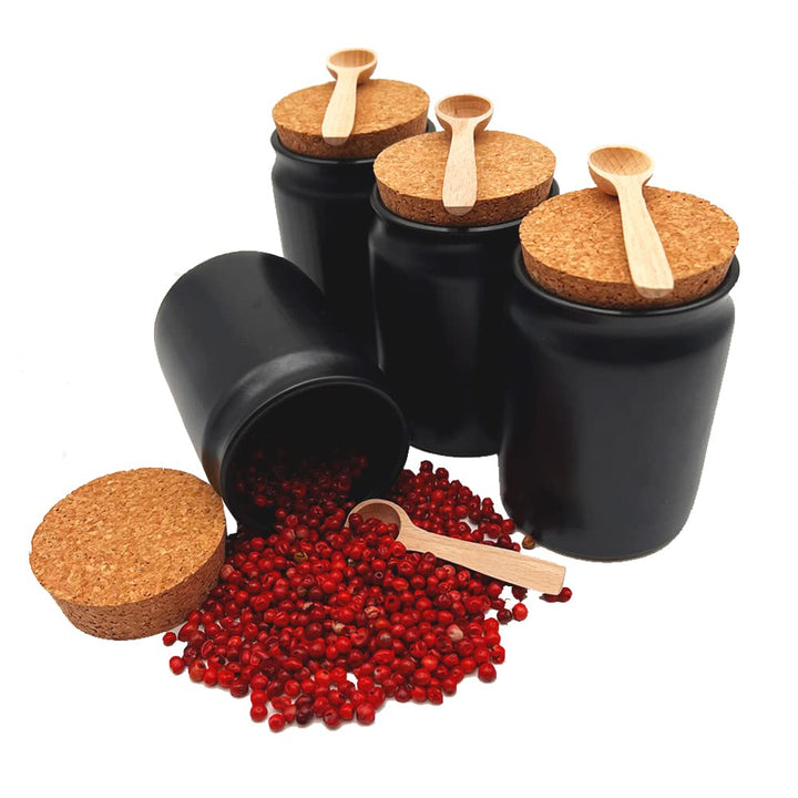 mikken 4x Gewürzdose Keramik schwarz rund 200 ml mit Korken Gewürzglas Steingut inkl. Holzlöffel + E
