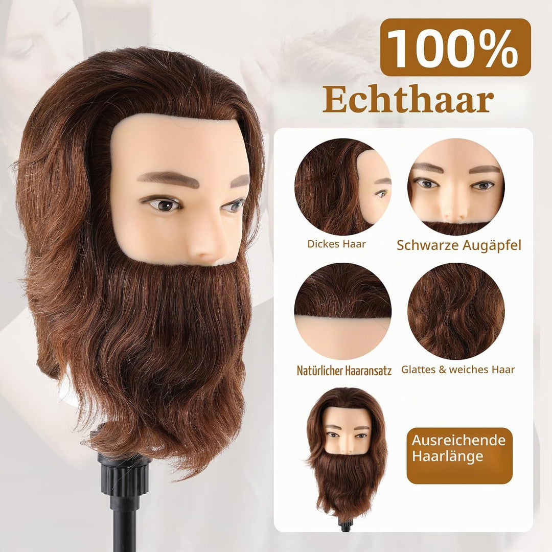 Mann Frisierkopf 100% Echthaar mit Bart Männlich Übungskopf Echthaar Friseur Kopf Puppenkopf Mannequ