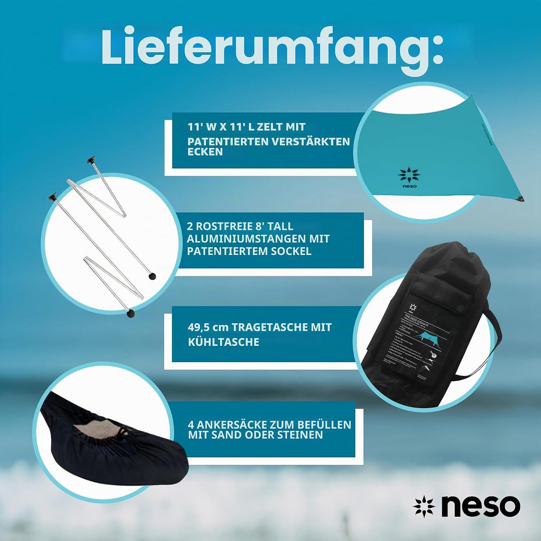Neso Strandmuschel Gigante 2,5 m hoch 3,3 x 3,3 m | verstärkte Ecken und Kühlfach | Farbe: Blaugrün,