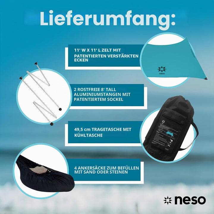 Neso Strandmuschel Gigante 2,5 m hoch 3,3 x 3,3 m | verstärkte Ecken und Kühlfach | Farbe: Blaugrün,