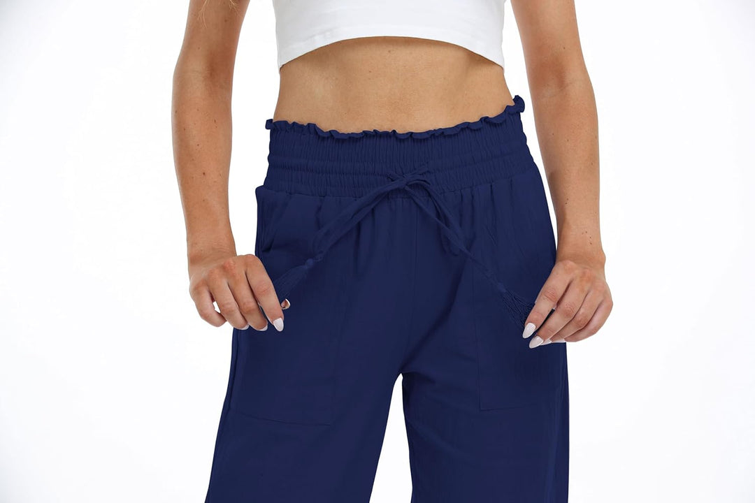 Famulily Leinenhose Damen Sommer Weites Bein High Waist Palazzo Freizeithose Stoffhose Yogahose Mit