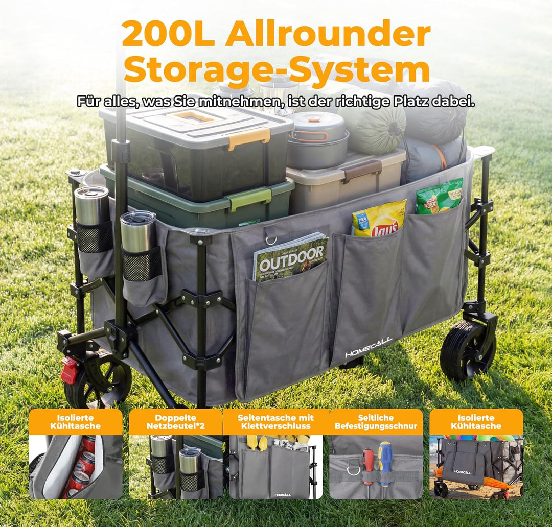 Bollerwagen Faltbar 200L 200KG Belastbar, Strandwagen Klappbar mit Regenschutz, Reflektorstreifen, B