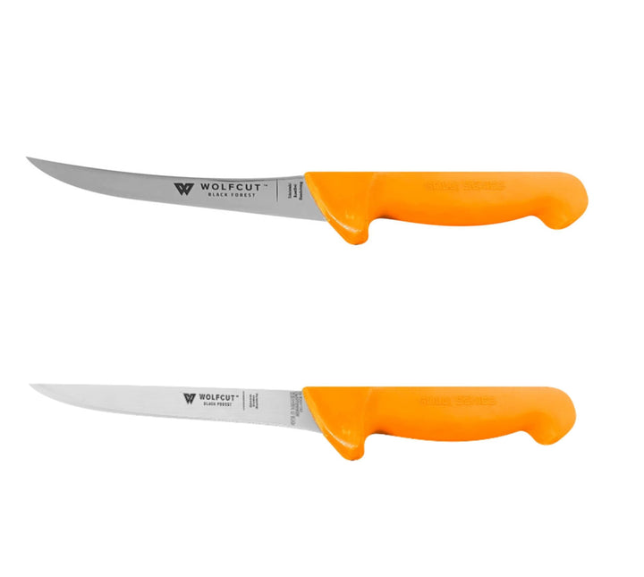 Wolfcut Gold Serie - Metzgermesser-Set 2-tlg. - Ausbeinmesser gebogene flex 15 cm Klinge und gerade