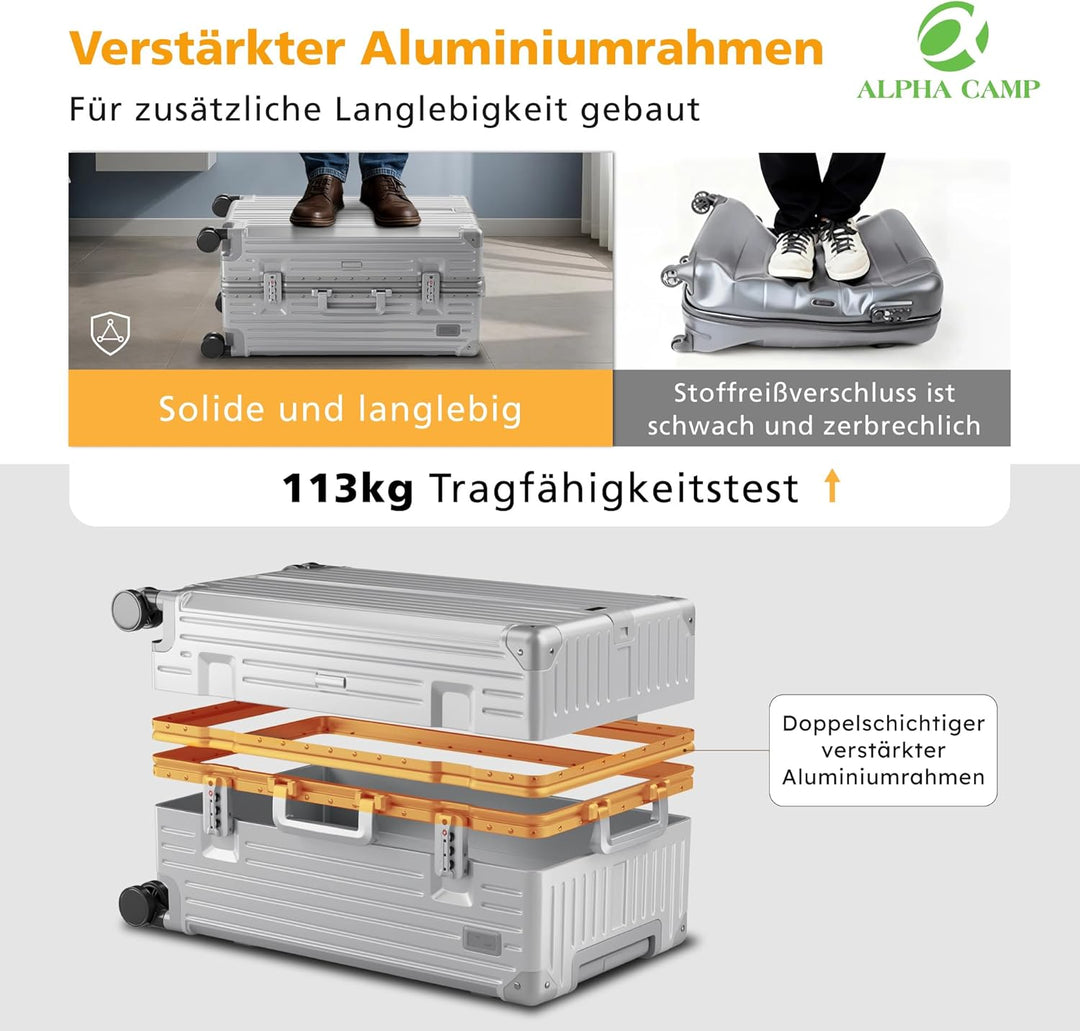 ALPHA CAMP Koffer XL Aluminium Rahmen & Polycarbonat Hartschale mit TSA Schloss Koffer Silber Gross