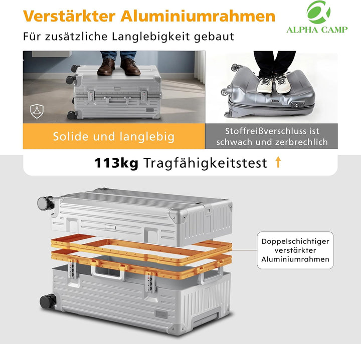 ALPHA CAMP Koffer XXL Hartschale mit TSA Schloss Koffer Gross 105L Silber | Aluminium Rahmen Polycar