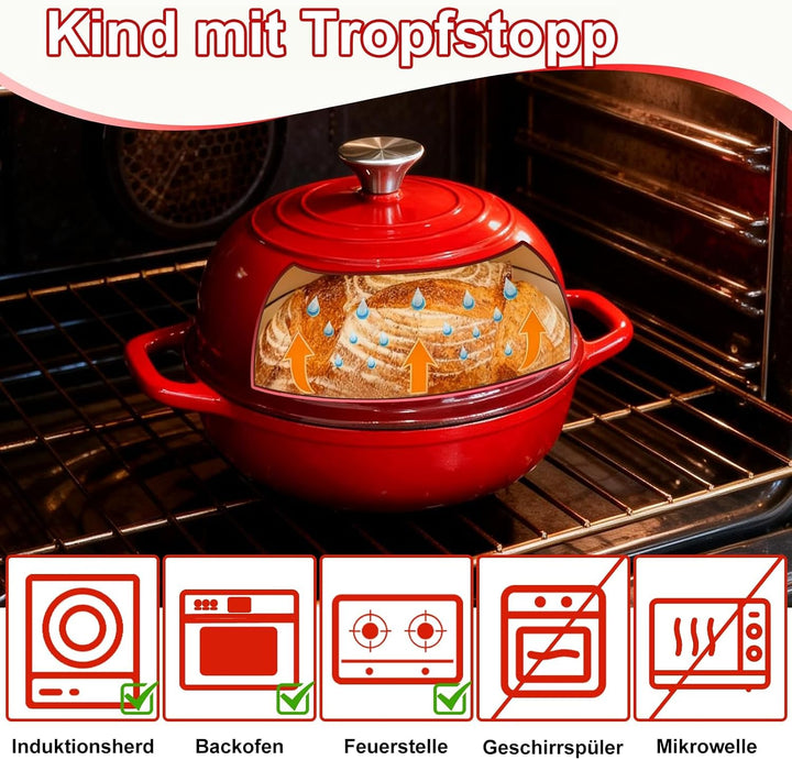 5,7L/26cm Gusseisen Topf Brot Backen mit Deckel und Griffen