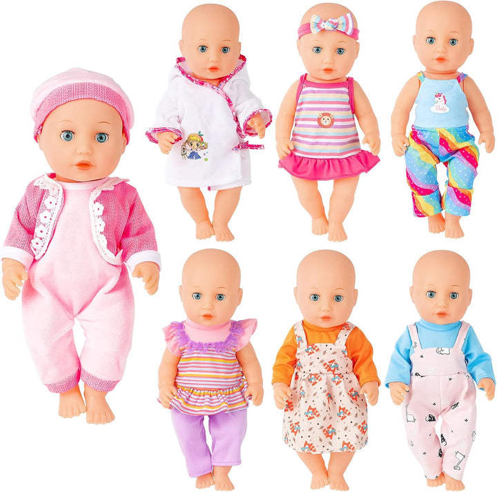 deAO Kleidung Outfits für Baby Puppen 36 cm 14inch, 7 Stück Puppenkleidung mit Set aus Kleid Hose Ba