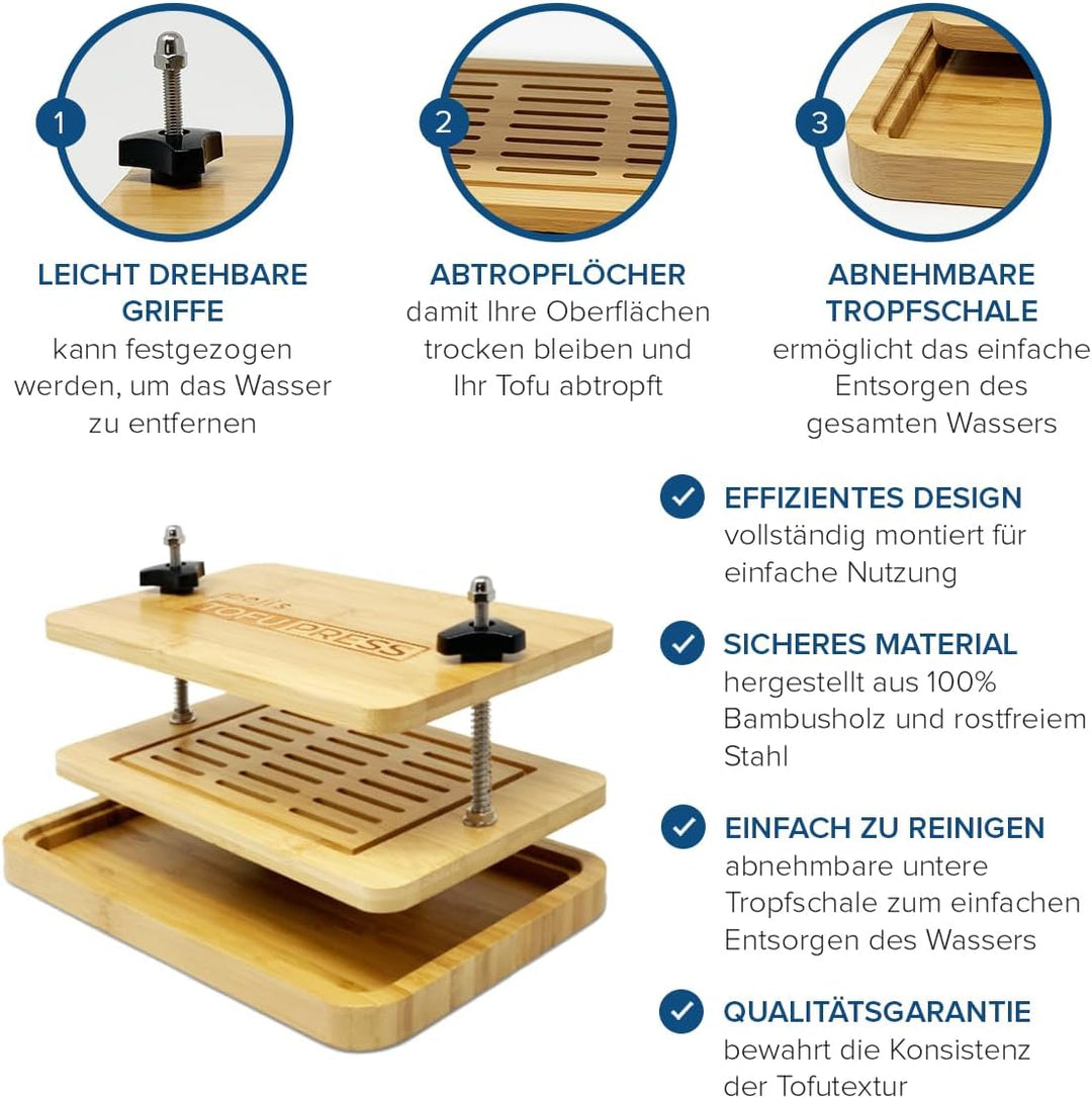 joeji's Kitchen Tofu Presse - Bambus Holz Tofupresse Mit Unterboden - Tofu-Sieb und Abtropfschale -