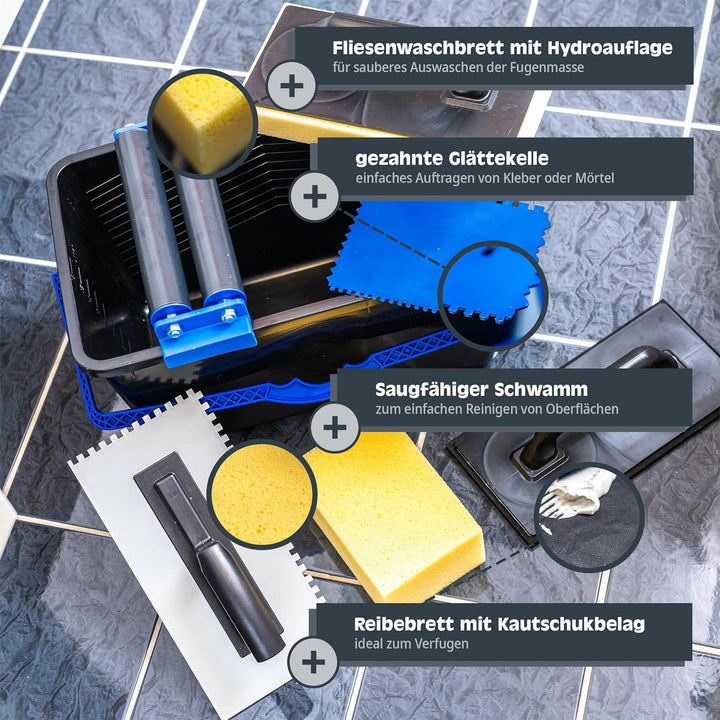 HELPMATE Fliesenwaschset 7-teilig 18 Liter Kunststoff Eimer, Doppelrollenaufsatz, Fliesenwaschbrett,