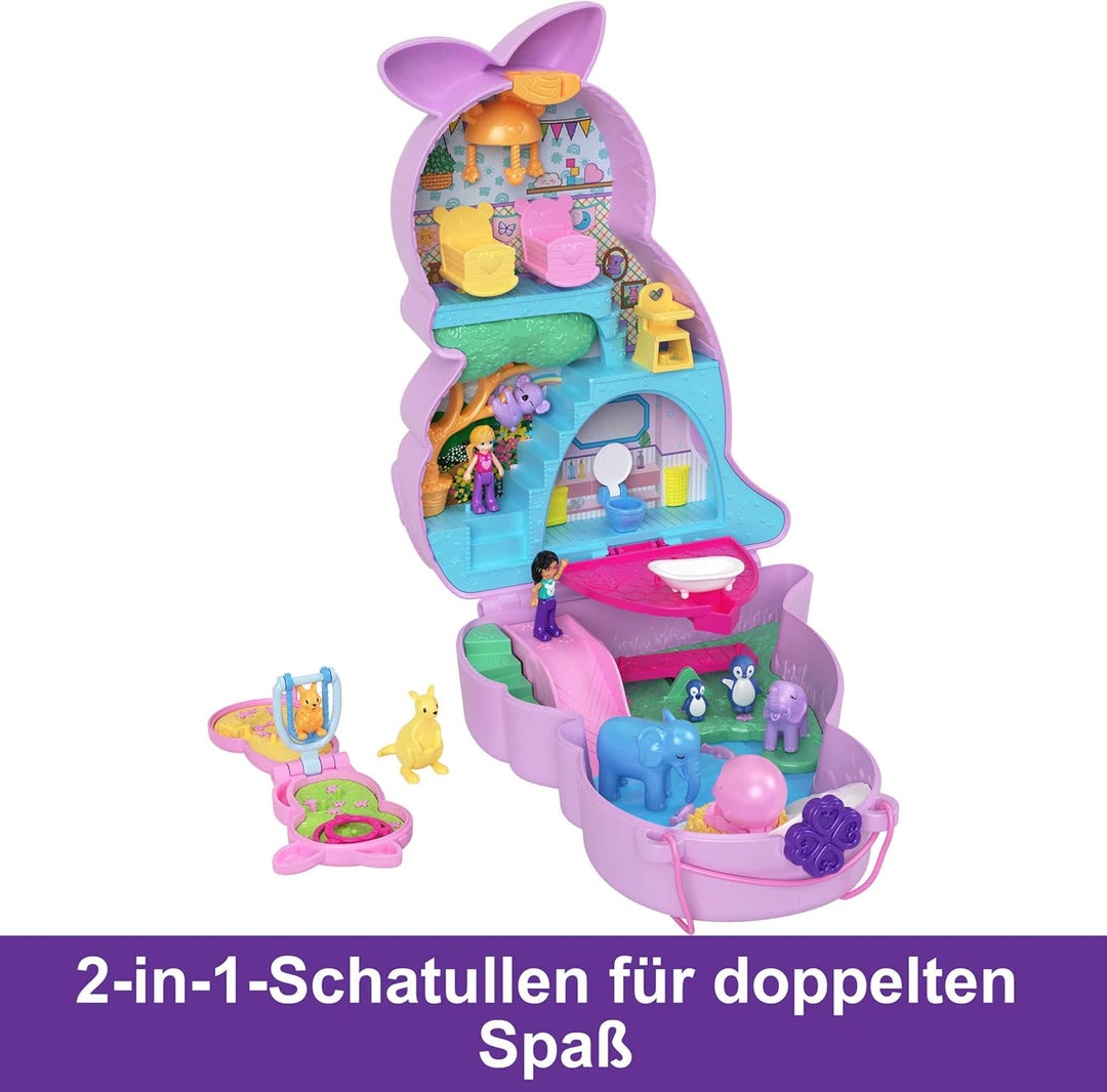 Polly Pocket Mama und Joey Känguru Tasche - 2-in-1-Spielset mit Tierkinderzimmer, 2 Puppen, 7 Tieren