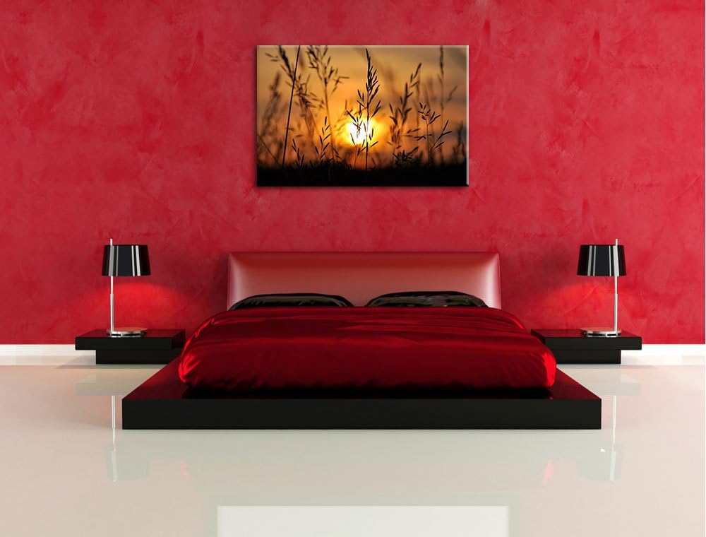 Gras bei Sonnenuntergang Format: 100x70 auf Leinwand, XXL riesige Bilder fertig gerahmt mit Keilrahm
