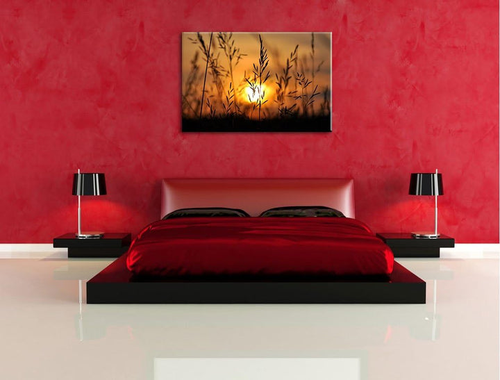 Gras bei Sonnenuntergang Format: 100x70 auf Leinwand, XXL riesige Bilder fertig gerahmt mit Keilrahm