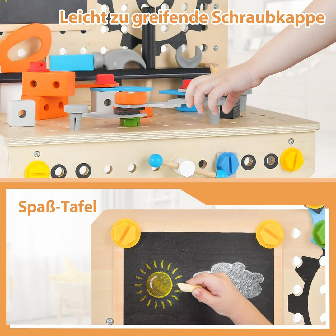 COSTWAY Werkzeugbank für Kinder, Werkbank Holz mit Tafel, hängendem Werkzeugständer & Zubehör, Spiel