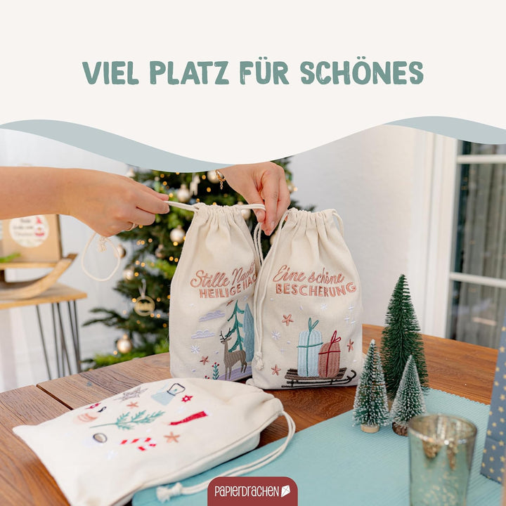 Papierdrachen 3 Geschenksäckchen in beige mit Bestickung in pastell - zum Befüllen und Verschenken -