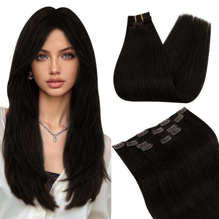Ugeat Clip in Extensions Echthaar Dunkelbraun Haarverlängerung Echthaar Extensions Haare Natürlich E