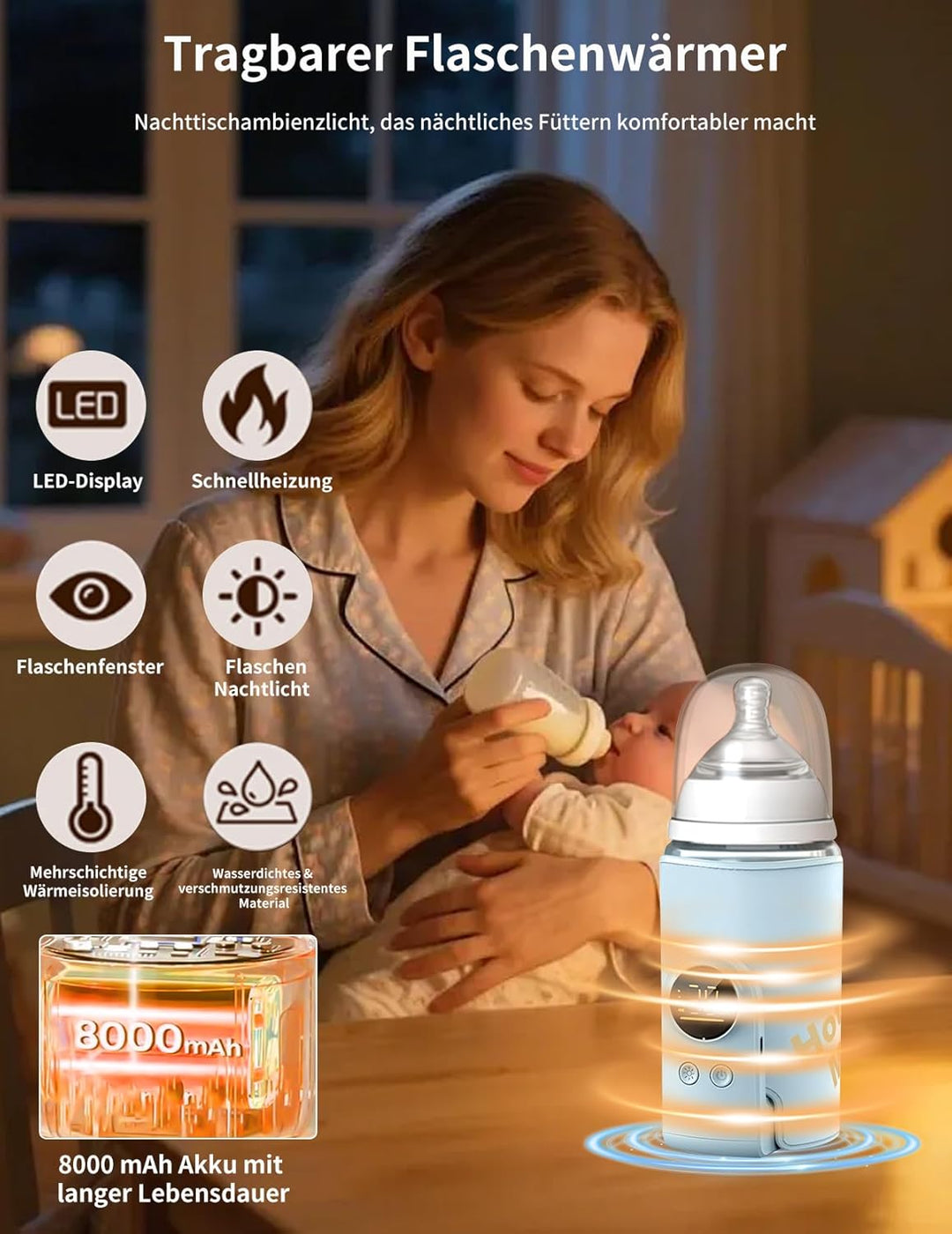 Flaschenwärmer Baby, Babyflaschenwärmer mit 8000mAh Akku, 6 Temperaturstufen 38-50℃, LED-Anzeige &amp; N