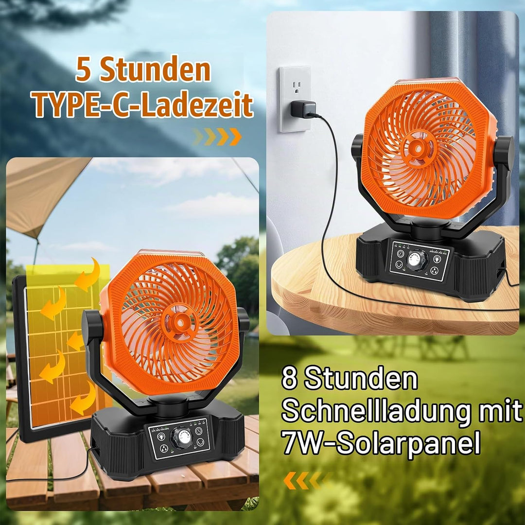 Camping Ventilator mit Wasserkühlung, Solarpanel, licht, 12000mAh Solarventilator Outdoor, Wiederauf