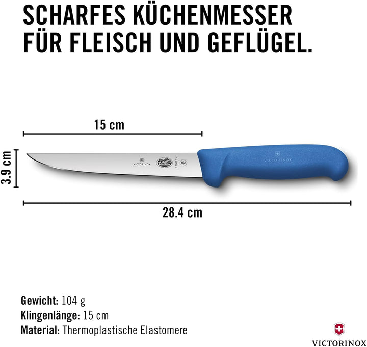 Victorinox Fibrox Ausbeinmesser, Scharfes Küchenmesser für Fleisch und Geflügel, 15 cm, Gerade Kling