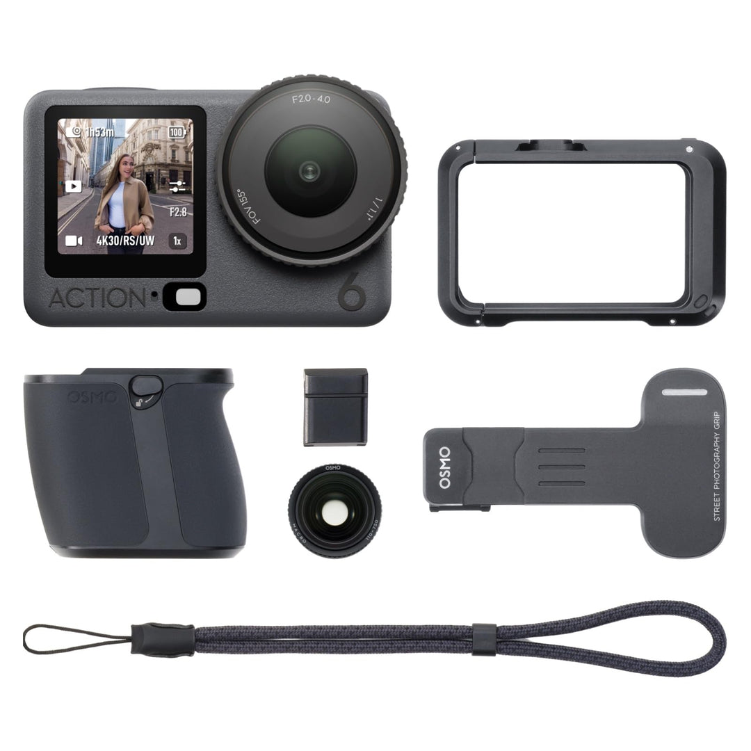 DJI Osmo Action 6 Vlog Advanced Combo, Unterwasser-Action-Cam mit Handgriff + Zubehörschuh-Auslösekn