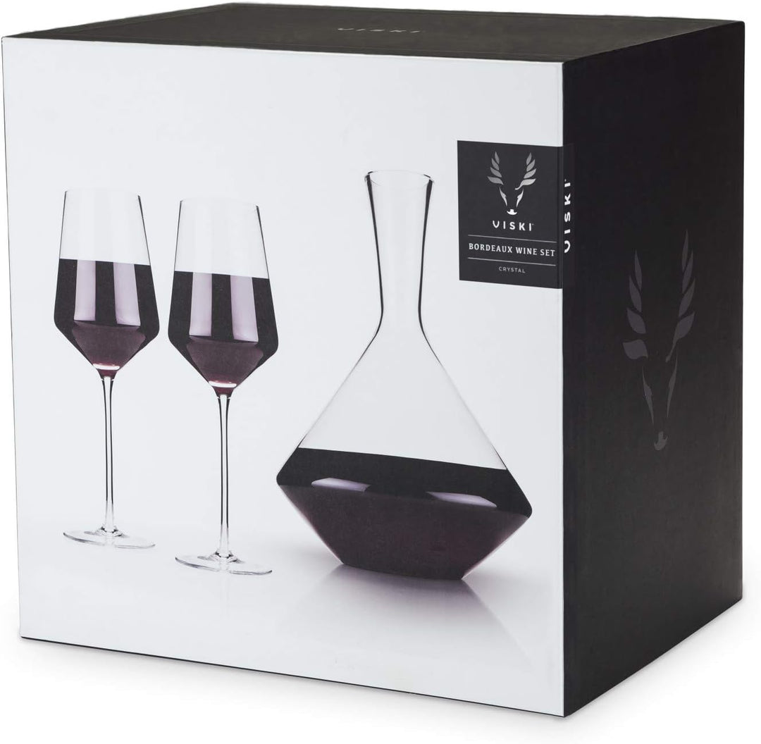 Viski Set of 3, Lead-Free Premium Crystal Clear Glass Modern Stemmed, Flat Bottom, Red Wine Gift, 16
