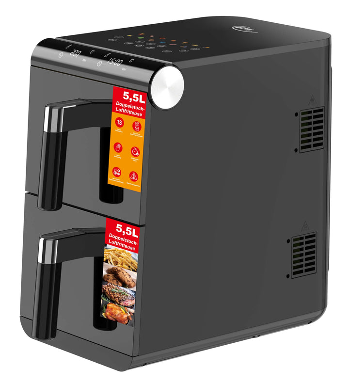 Elta Doppelstock-Heissluftfritteuse – 11 Liter Dual Zone XXL Airfryer mit 2 Körben