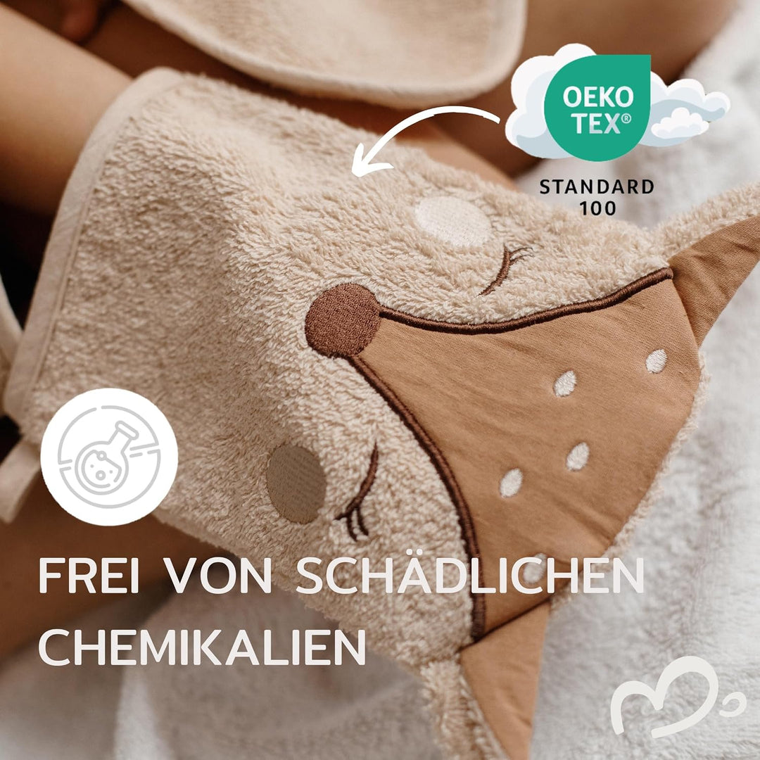 Babyhandtuch mit Kapuze und Waschlappen 100x100 cm – Handtuch Rentier aus 100% Baumwolle - REH Badet