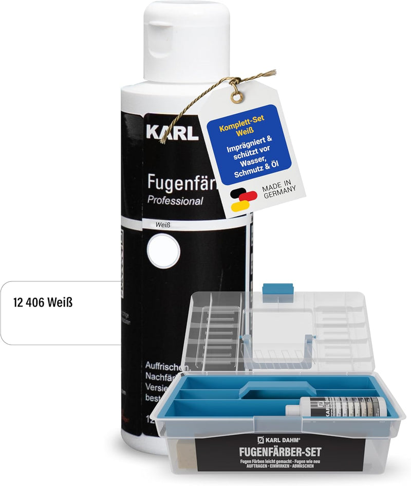 Karl Dahm – Fugenfärber-Set Weiss im Koffer I Fugenreparatur-Set mit Fugenfärber 120 ml (Fugenfarbe