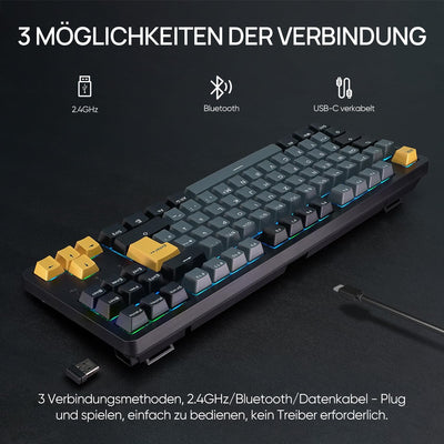 ARZOPA Gaming Tastatur, Gasket Mechanische Tastatur Kabellos/Kabelgebunden/Bluetooth - 87 Tasten RGB