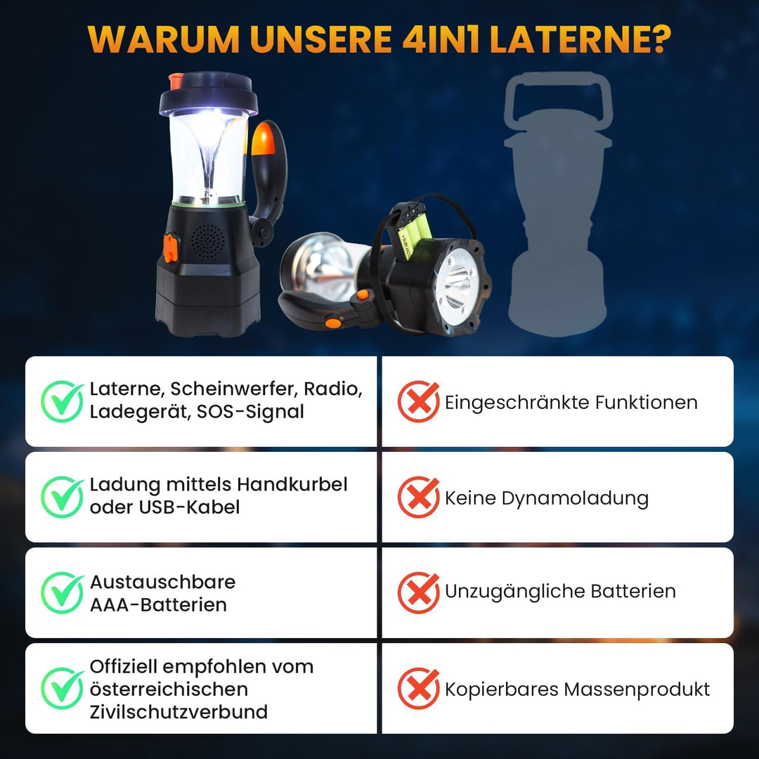 SELBST-SICHER 4in1 LED Laterne mit Batterie | Notfallradio | Powerbank | Handyladegerät | SOS-Sirene