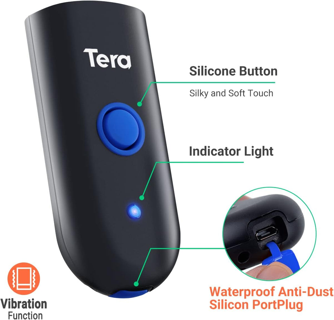 Tera Wireless Barcode Scanner 1D Laser Mini Pocket Waterproof Scanner 3in1 Compatible with Bluetooth