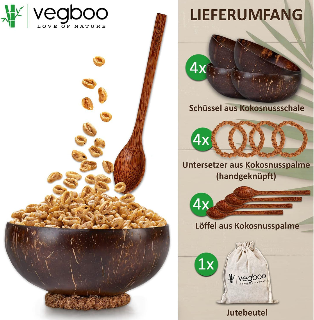 vegboo® Kokosnuss Schalen Set – 4er Set (14-teilig) mit Löffeln, Untersetzern & Jutebeutel – Handgef