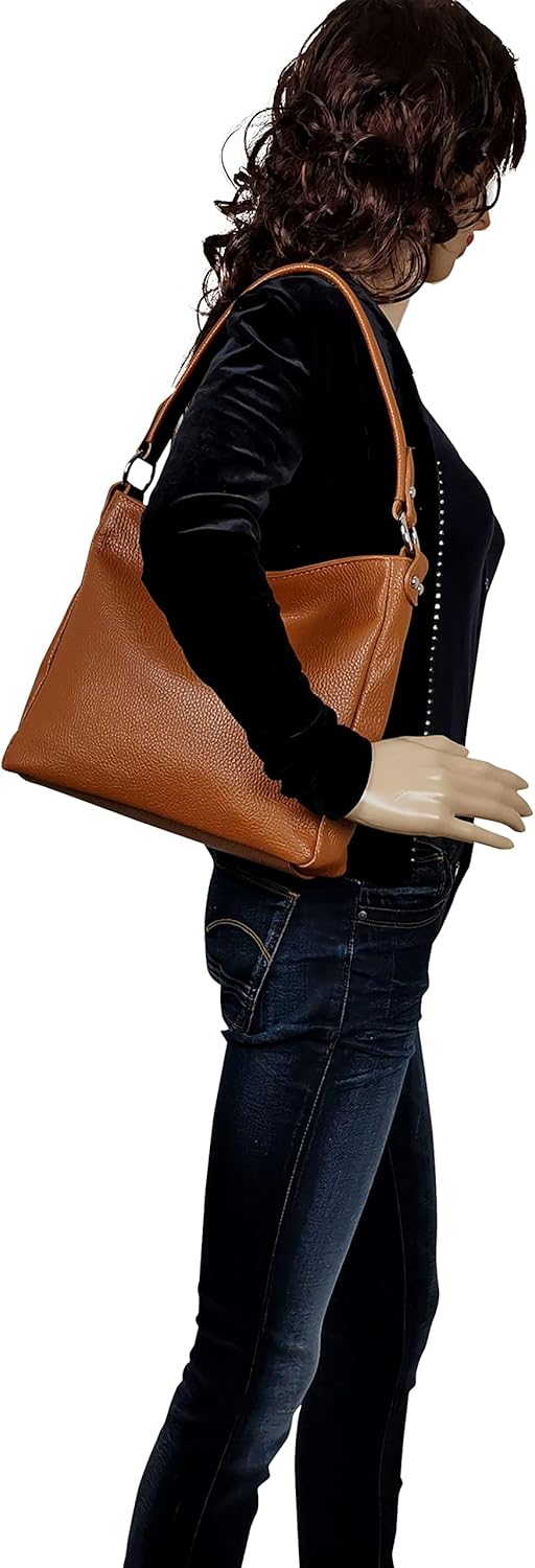 AmbraModa GL35 - Damen Handtasche Schultertasche Umhängetasche aus genarbtem Rindsleder Camelbraun,