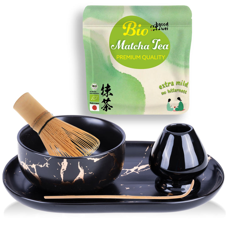 Goodwei Matcha Set mit moderner Matcha Schale in edlem Marmor-Design, Matchabesen, Besenhalter und S