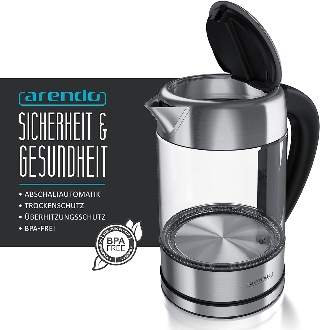 Arendo - Wasserkocher Edelstahl Glas mit Temperatureinstellung – 1,7l - einstellbare Temperaturen 40